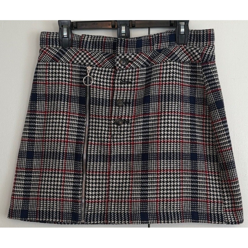 TOPSHOP Plaid A-Line Mini Skirt Womens Size 10 Brown Black Red Zip Button - Picture 2 of 8